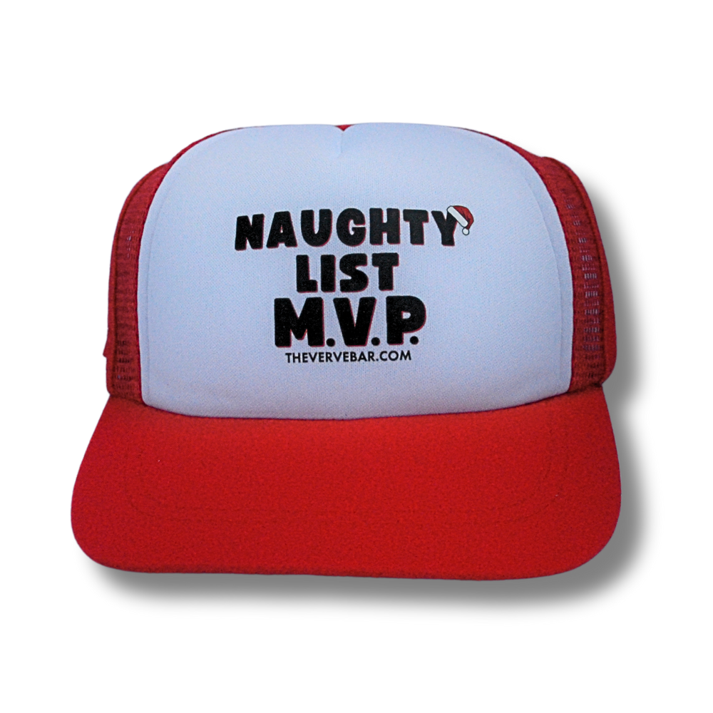 Red and white trucker Christmas hat for dogs. Black design: Naughty List MVP (with Santa hat hanging on the Y)