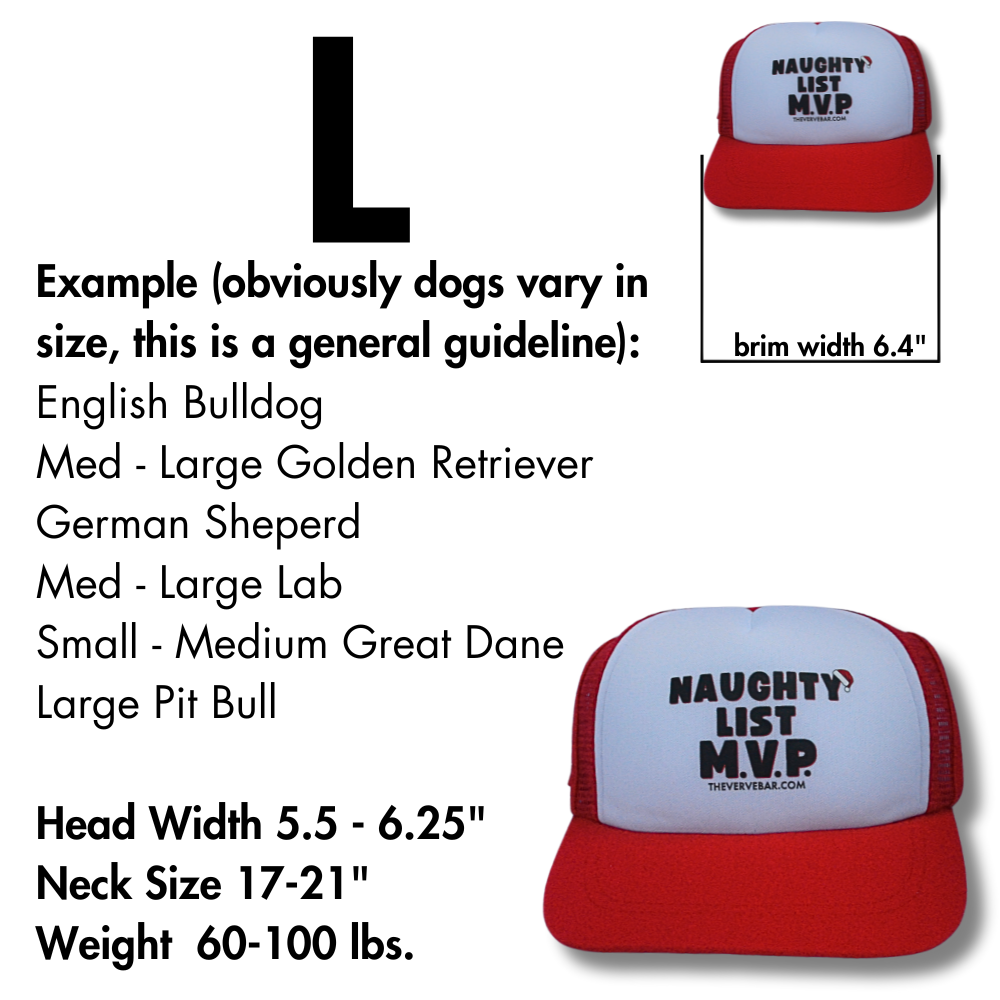 Pup Lids Christmas hat sizing info for Large - for the second largest dog breeds. Image of Red and White trucker hat for dogs also in the image.