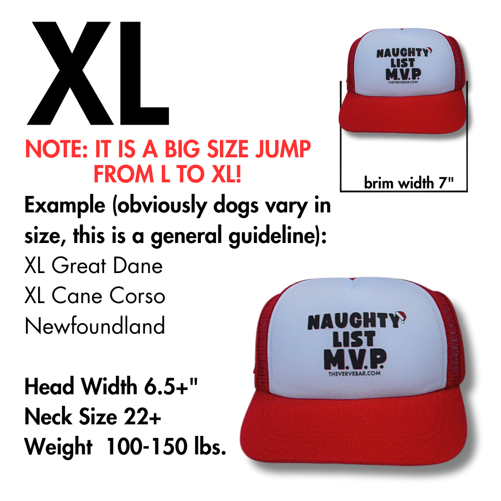 Pup Lids Christmas hat sizing info for XL - for the largest dog breeds such as Great Dane. Image of Red and White trucker hat for dogs also in the image.