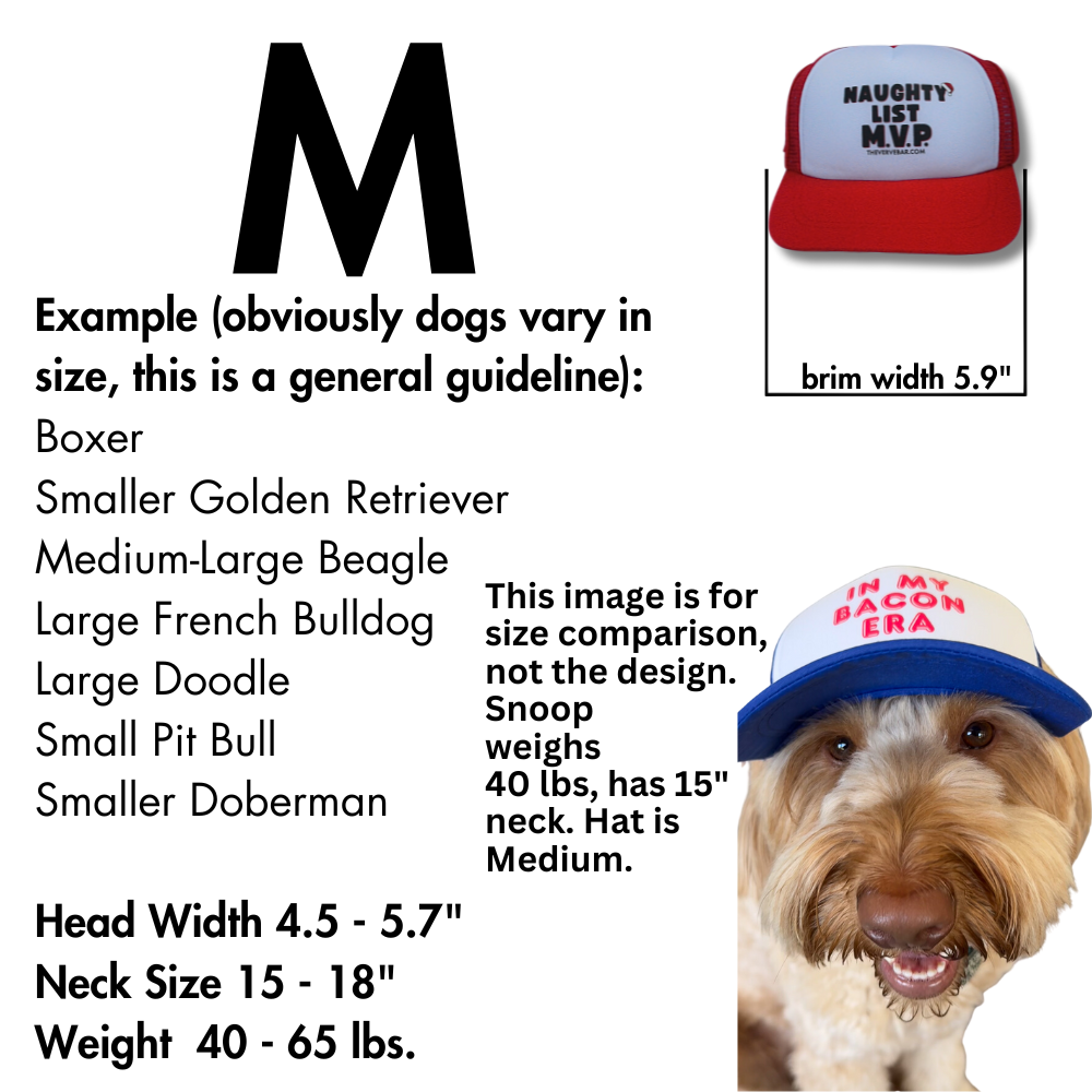 Pup Lids Christmas hat sizing info for Medium - for mid-size dog breeds. Image of Red and White trucker hat for dogs also in the image. There is also a photo of a 40 pound labradoodle modelling a size medium dog hat.