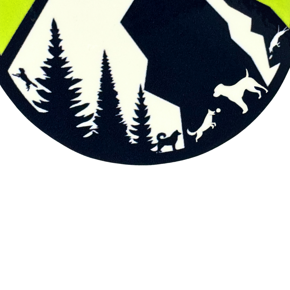 close up of the bottom of the PNW dog sticker - shows dogs playing ball, frisbee, hiking, etc.