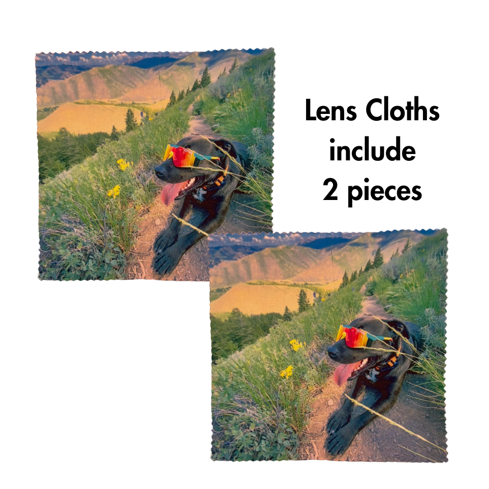 Set of two custom pet lens cloths. This set features a black pit bull dog wearing sporty sunglasses on a mountain trail.