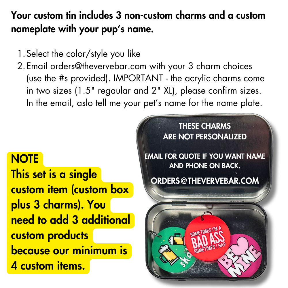 Instructions for personalized dog tag box and photo of the box with three dog collar charms in it.