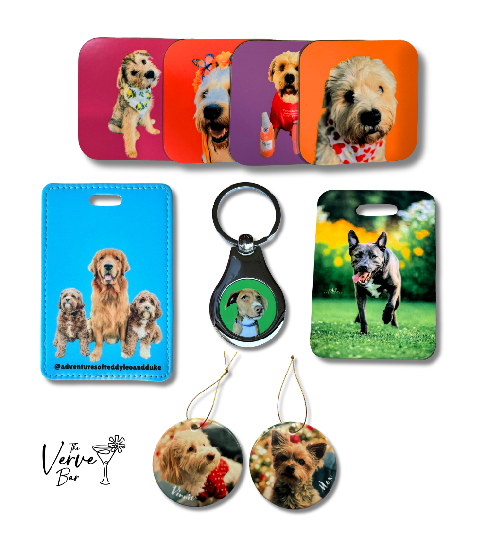 examples of custom pet photo gifts: 4 different custom dog drink coasters, custom dog glossy bag tag, custom pet luggage tag, custom dog keychain, custom pet ornaments