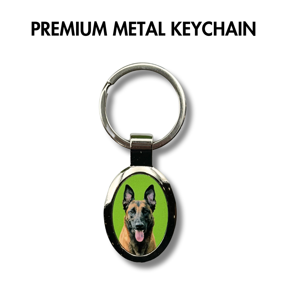 custom photo metal keychain for dog lover featuring an oval photo of a belgian malinois with a green background.