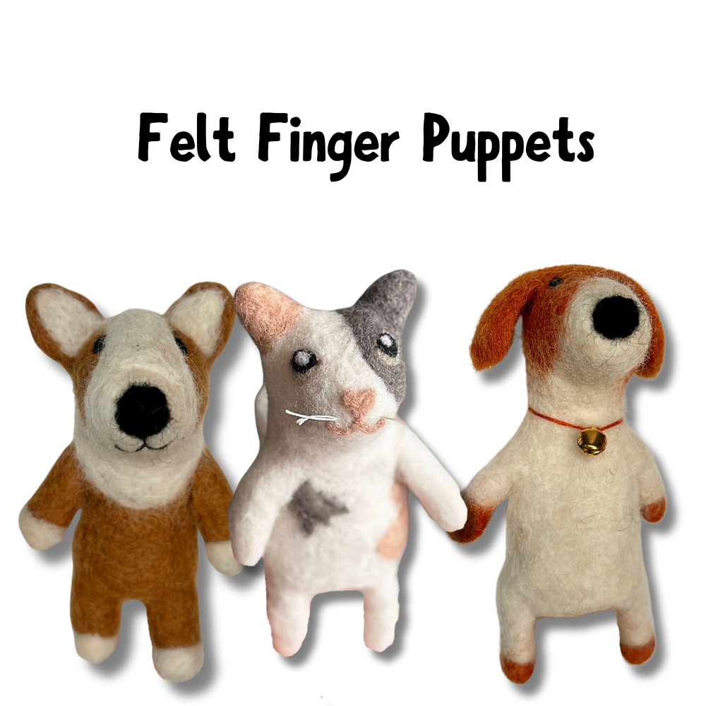 Corgi, calico cat, and jack russell terrier wool felt finger puppets