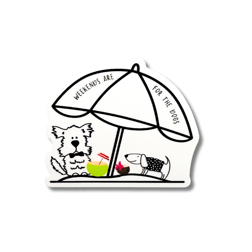 weekends are for the dogs umbrella with two dogs sipping drinks on beach. Cute dog sticker