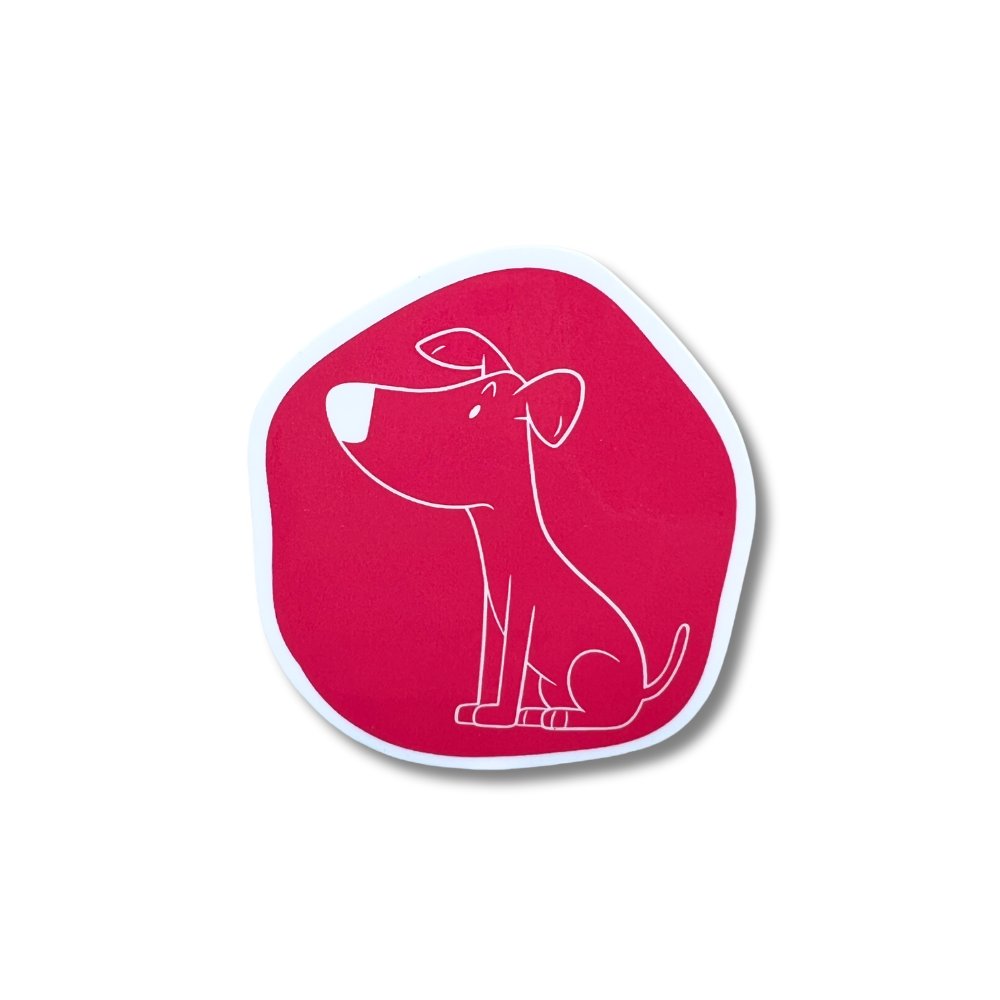cute dog sticker that has a red background with white doggy line art, the shape is an irregular circle
