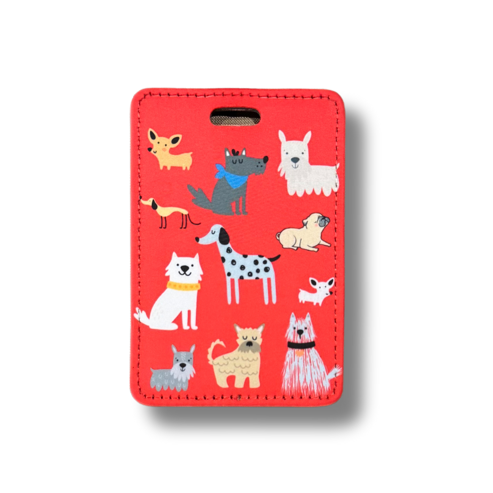 red luggage tag with an assortment of modern cute cartoon dogs