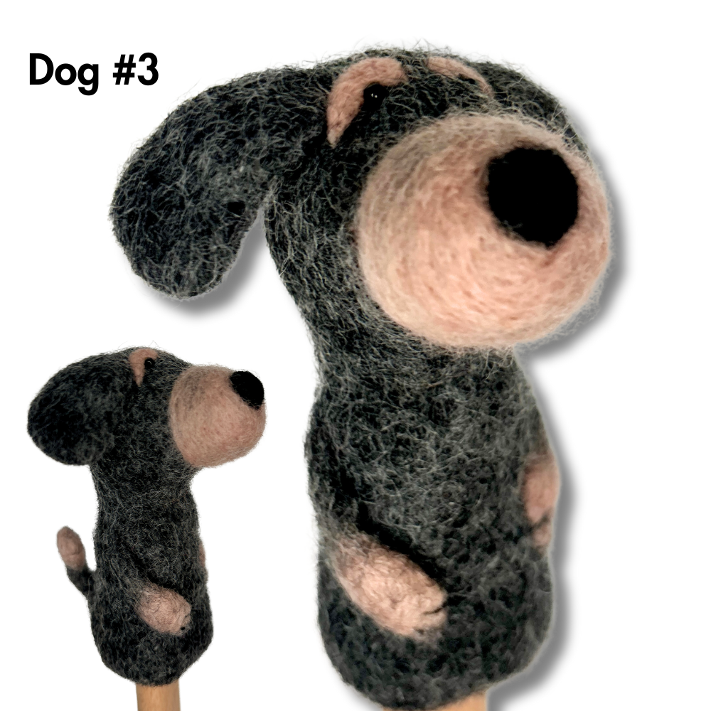 cute gray dog felt finger puppet. Diagonal front view and side view.