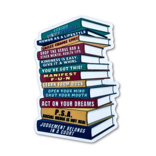 Pile of books motivational sticker. Cute book sticker featuring "act on your dreams," "embrace unicorn mentality" and more