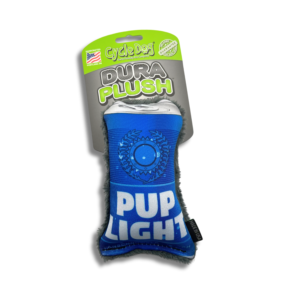 photo of blue Pup Light beer can dog toy