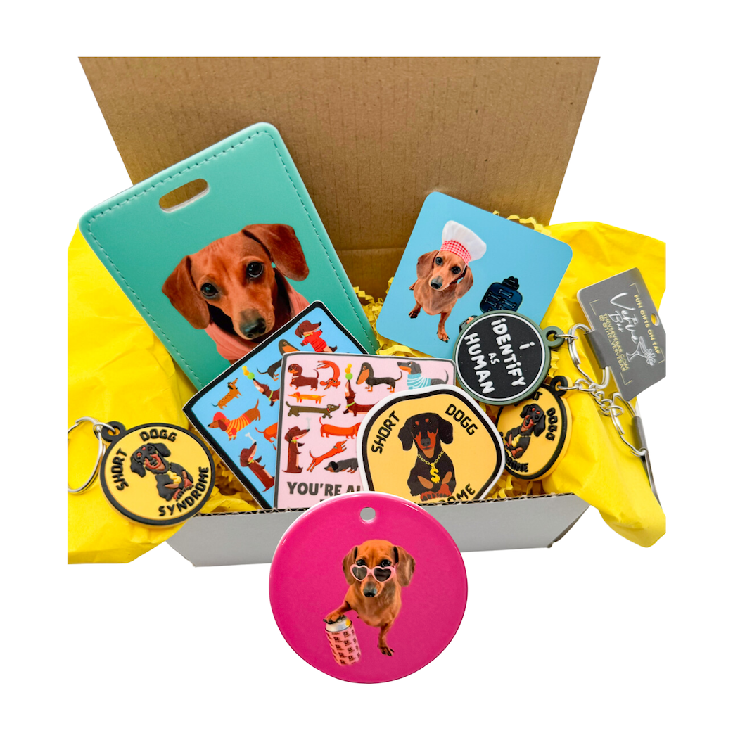 Deluxe dachshund mother's day gift box. Includes custom luggage tag and magent, funny keychain and dog tag, custom ornament, and stickers