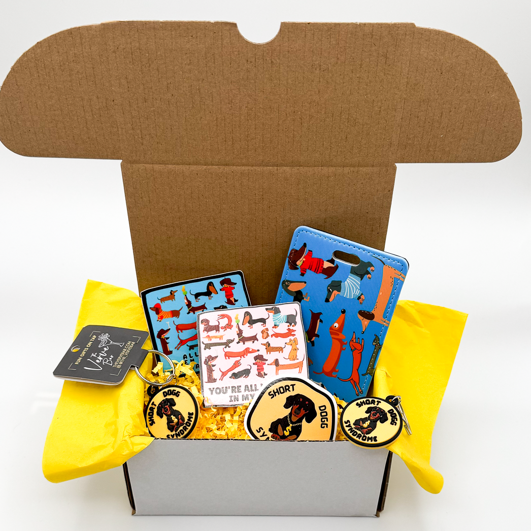 dachshund lover gift box includes cute wiener dog luggage tag, stickers, funny dog tag and funny dachshund keychain