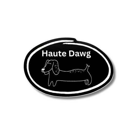 Modern black oval with line art of dachshund "Haute Dawg"