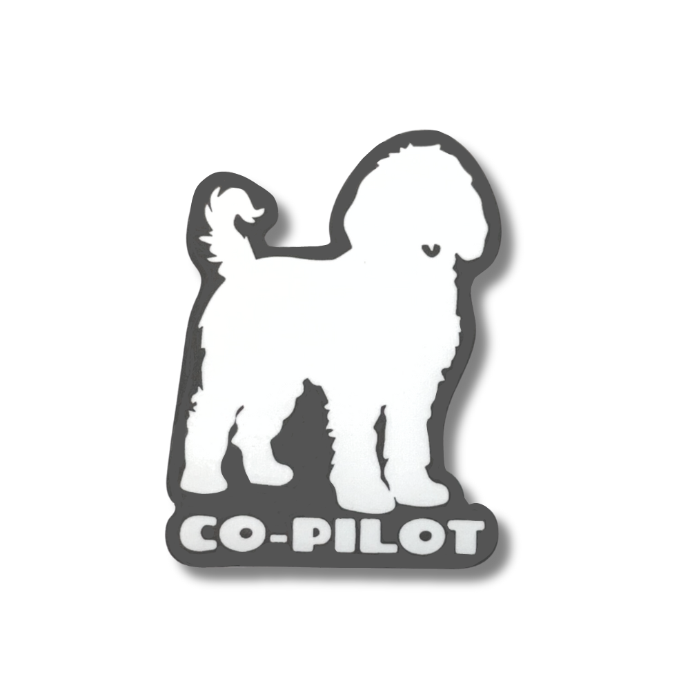 fluffy dog sticker silhouette white dog with gray outline; co-pilot