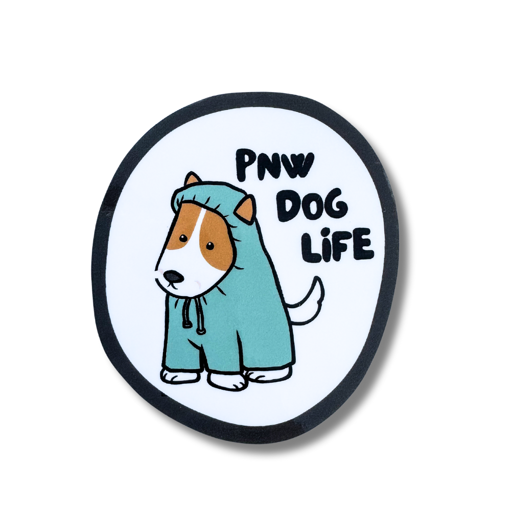 cute cartoon beagle or pit bull in a raincoat "PNW dog life" vinyl sticker for dog lovers