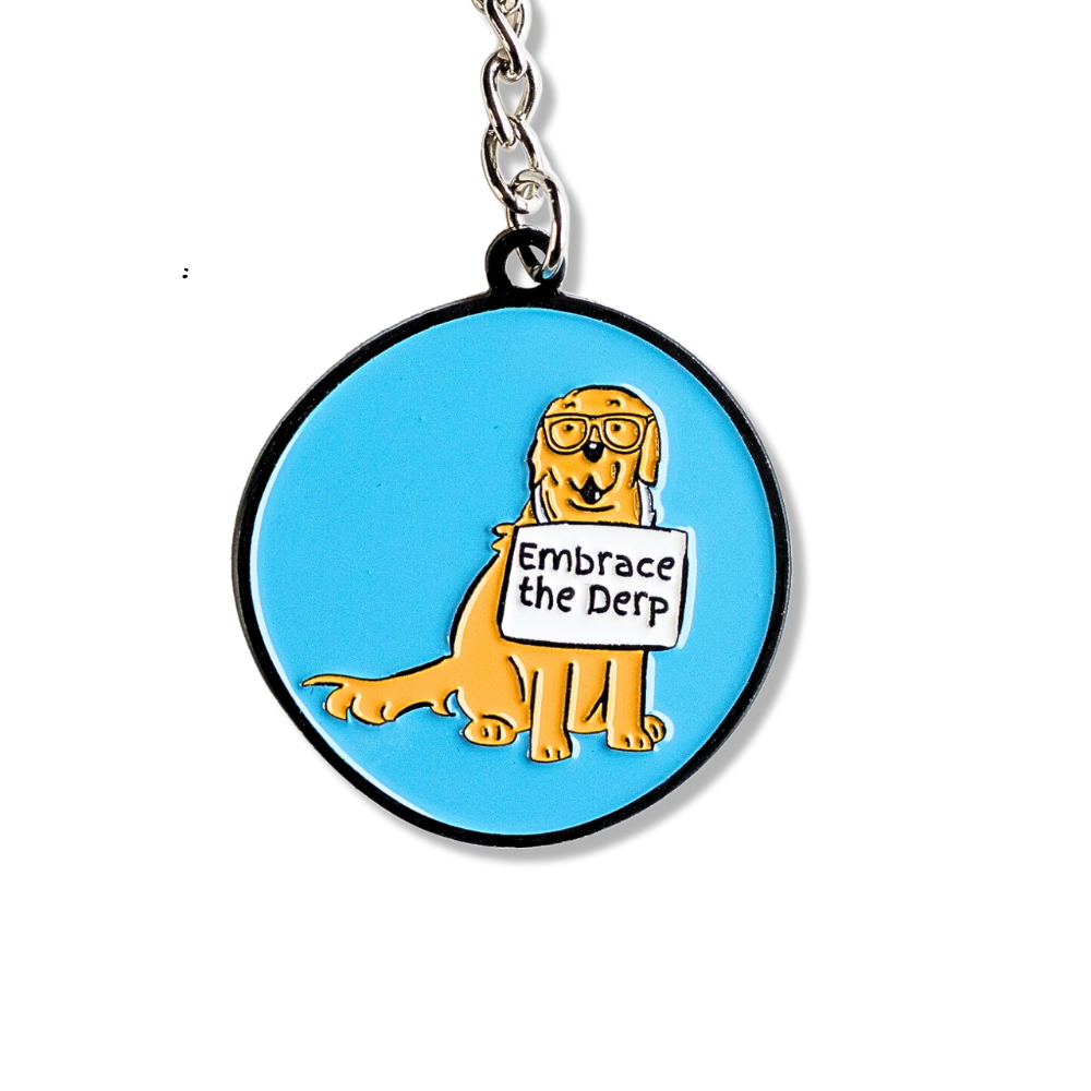 blue enamel dog kecychain with black border (round) with golden retriever retriever wearing broken glasses and a sign that says: Embrace the Derp