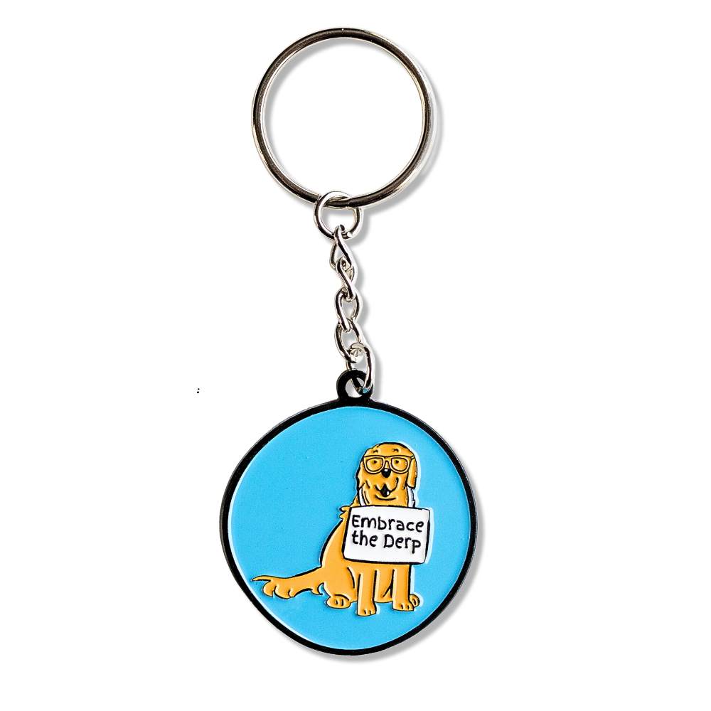 Blue golden retriever keychain. Rounded shaped. Dog is wearing glasses and a sign around neck that says: Embrace the Derp