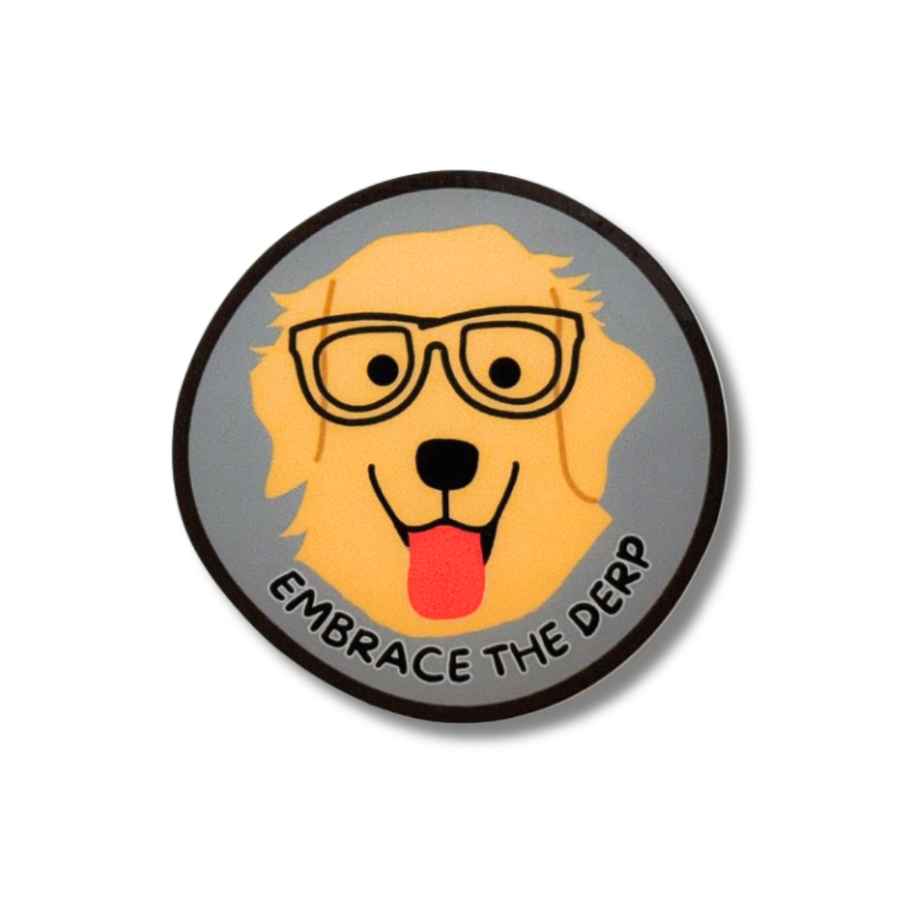 round cartoon sticker of smiling golden retriever dog wearing glasses "embrace the derp"