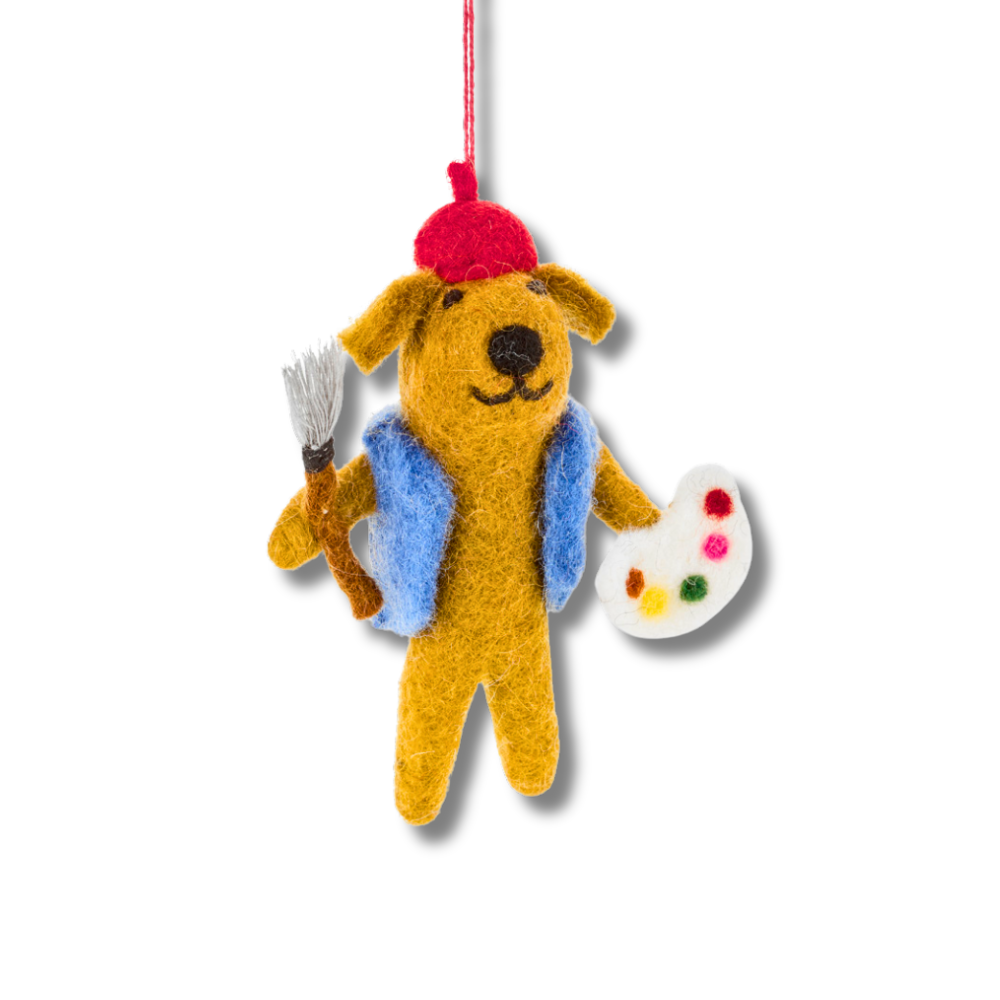 cute felt dog ornament.... dog artist wearing a red beret and blue vest. Holding a paintbrush and a palete