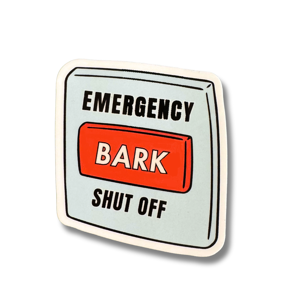 dog sticker: gray and red emergency switch button with words: Emergency Barf Off Switch