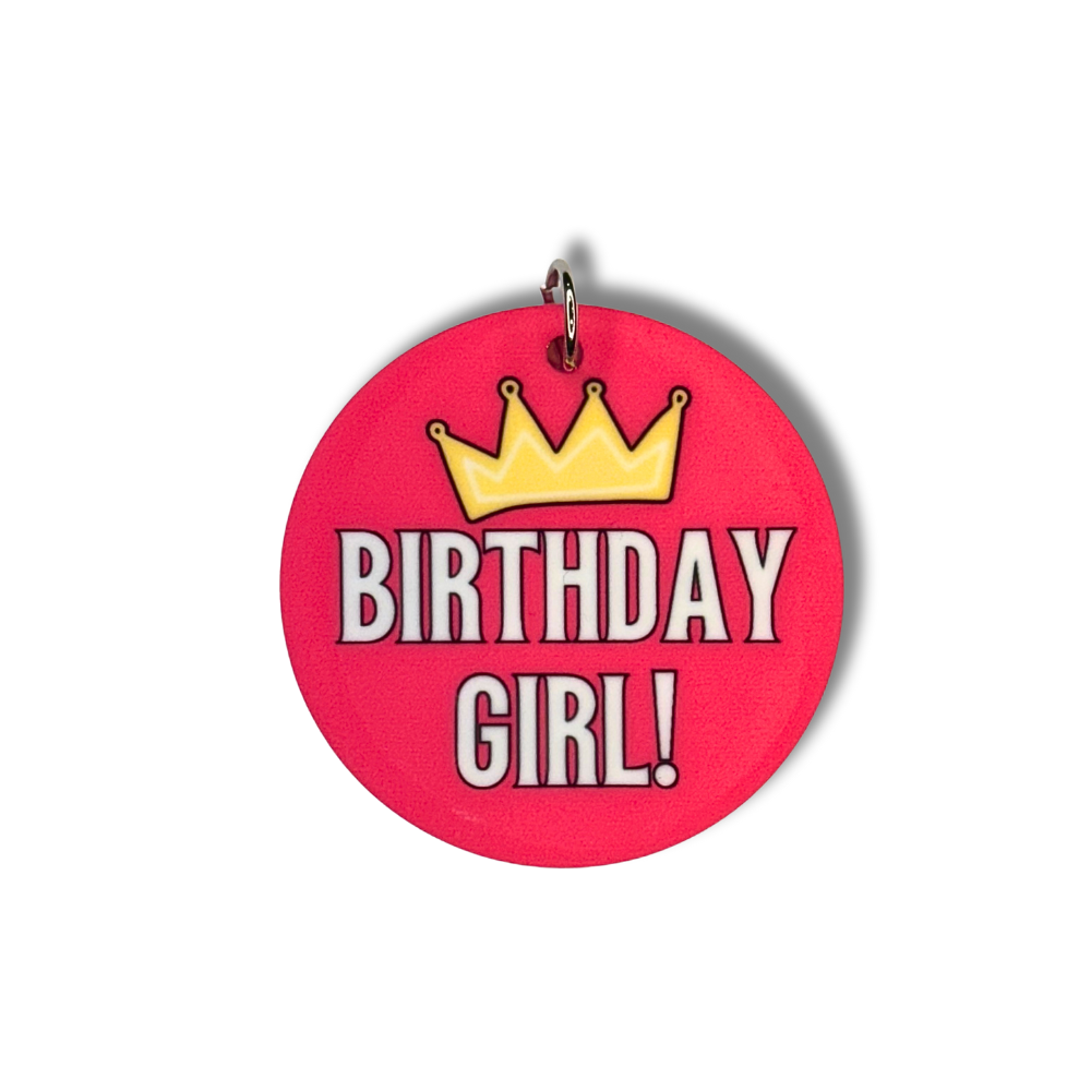 cute birthday dog collar charm for birthday girl - deep pink circle with white words BIRTHDAY GIRL and gold crown.