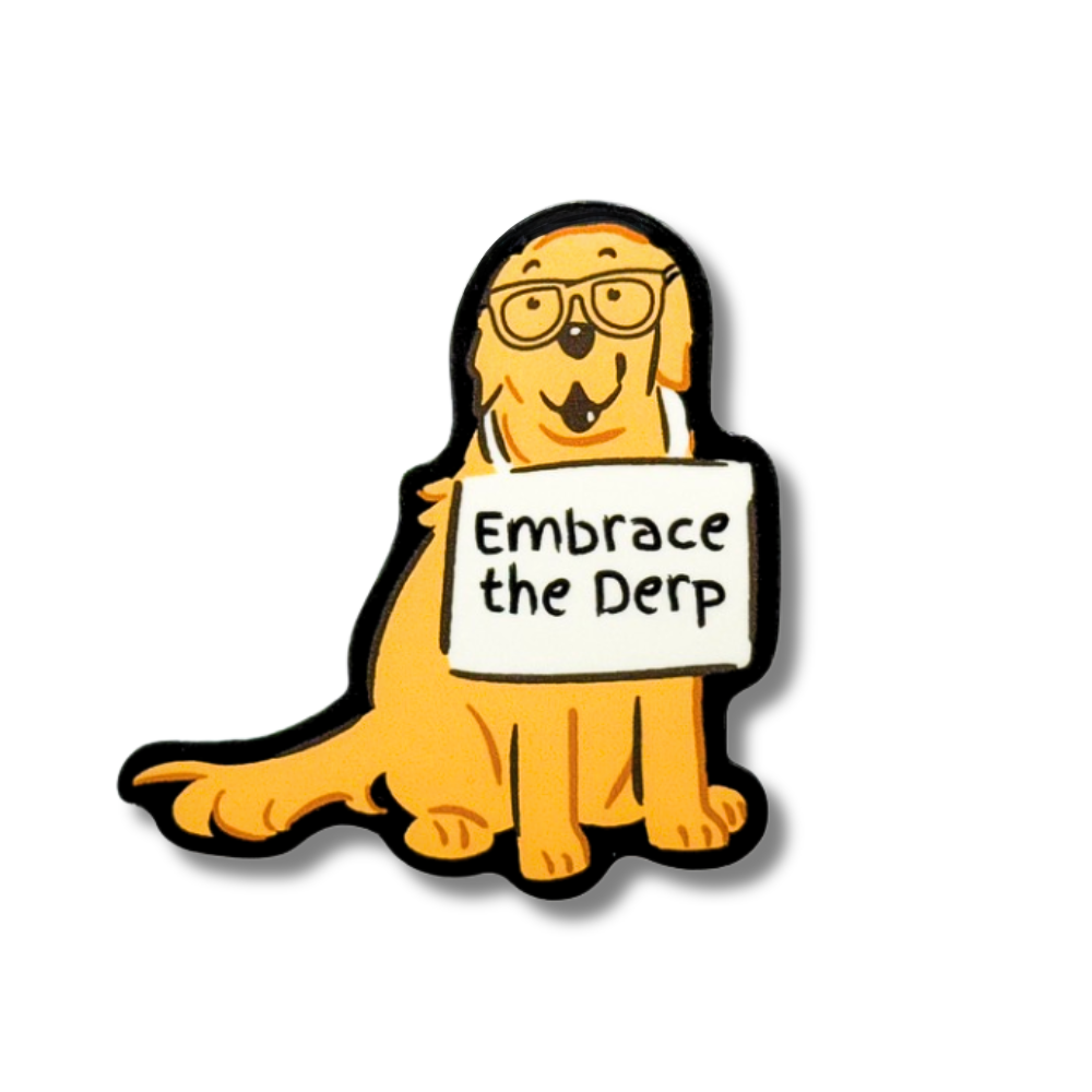 golden retriever sticker - cartoon golden with sign around their neck that reads "embrace the derp"