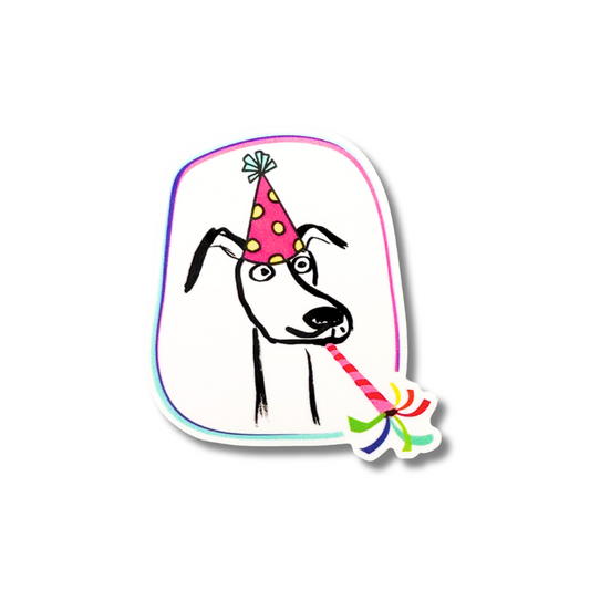 dog birthday party sticker. Cartoon dog with party hat and blower.