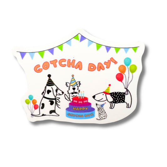 Waterproof sticker. Cartoon dogs at a Gotcha Day dog party