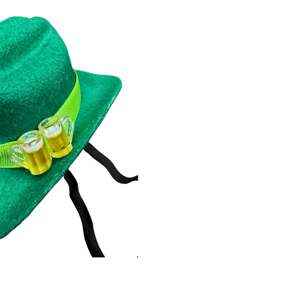 close up of beer mug accent our green mini dog cowboy hat for St. Patrick's Day