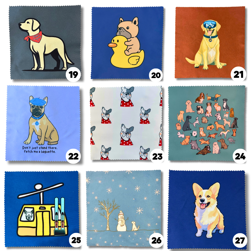 Nine funny dog lens cloths featuring corgi, lab in goggles, Frenchie on rubber duck, labrador with bandana, dog gondola, snow scene, French bulldog in beret, Frenchie pattern, and group of illustrated dog breeds.

