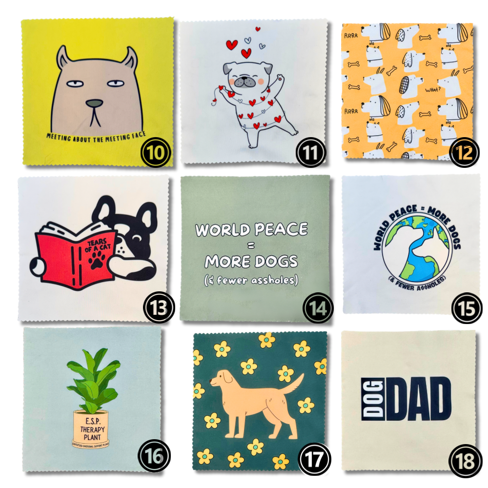 Nine funny dog lens cloths featuring pugs, Boston terrier, pit bull, labrador, plant joke, and dog dad text designs on colorful square cloths.