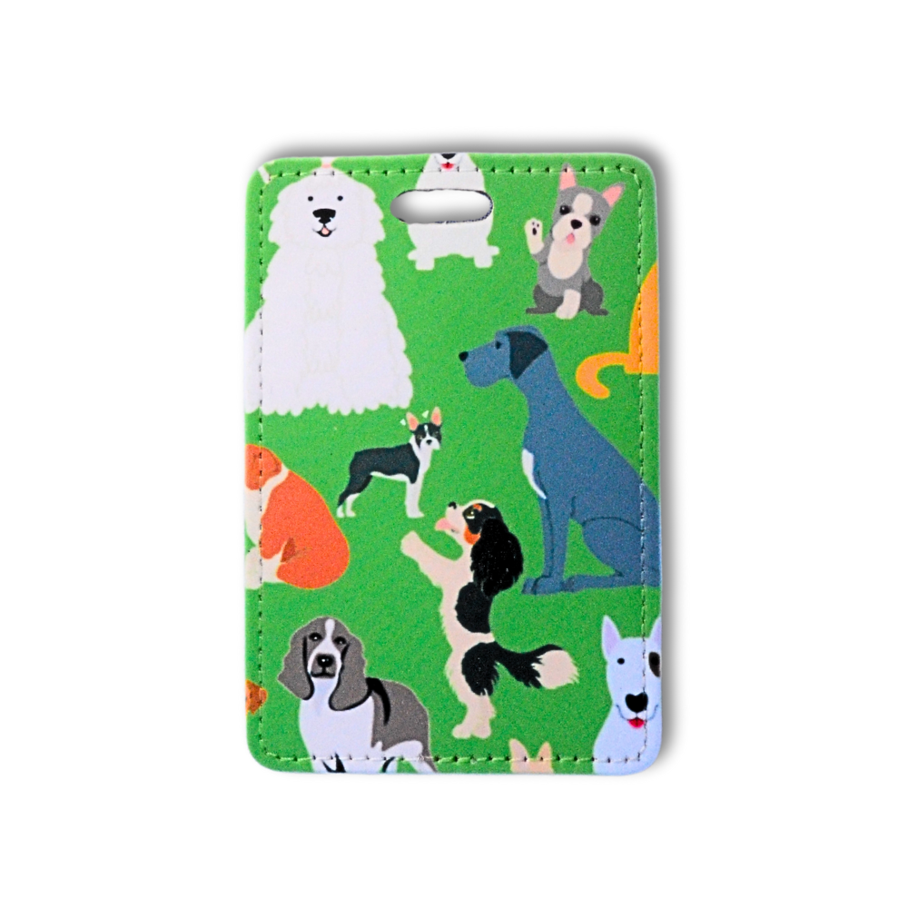 dog lover luggage tag - green backgound with cute dogs such as sheepdog, Great Dane, french bulldog, bull terrier, basset hound, and Boston Terrier