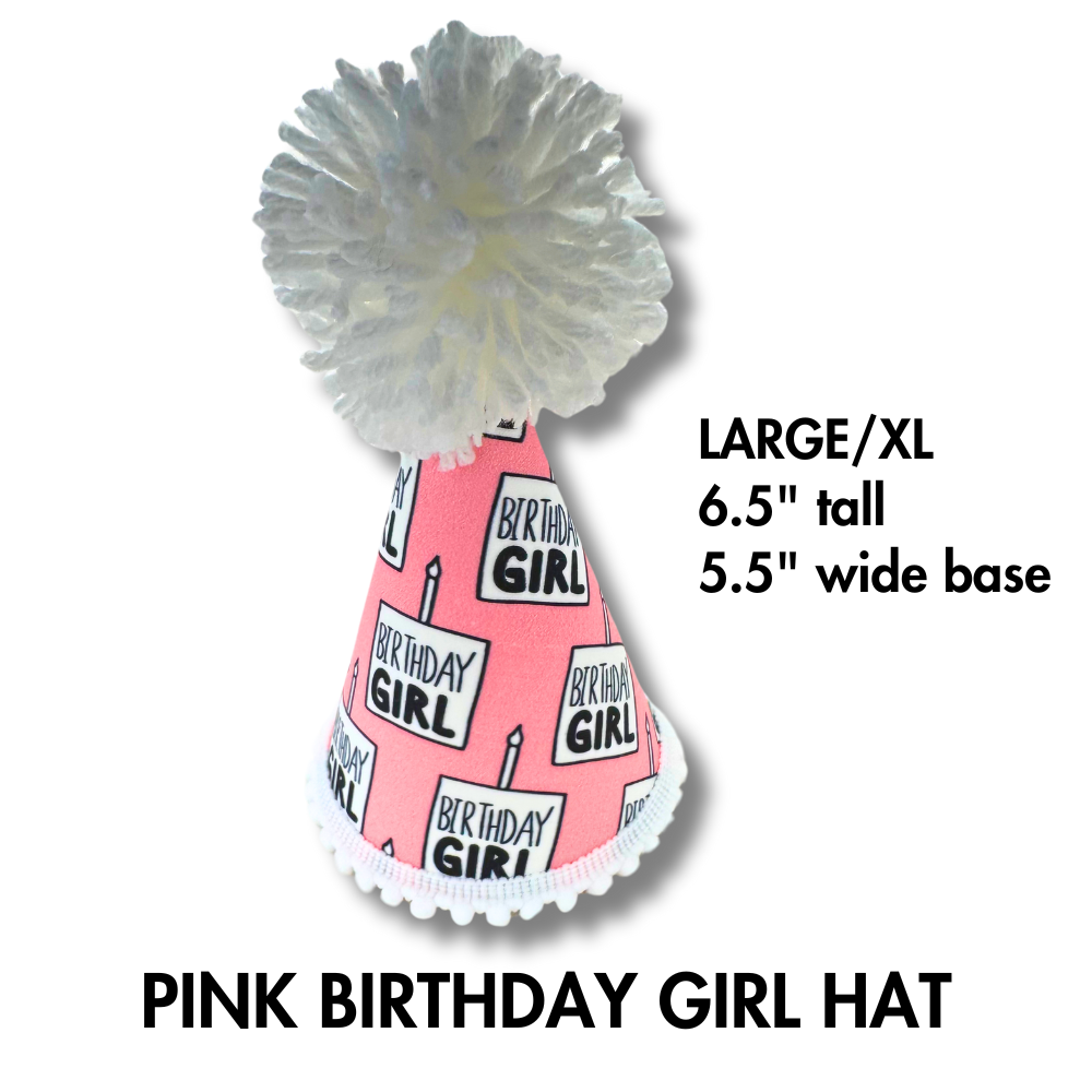 size large info for dog pink gotcha day hat. Pink and white fabric that says "birthday girl" in black font. Large white pom on top.