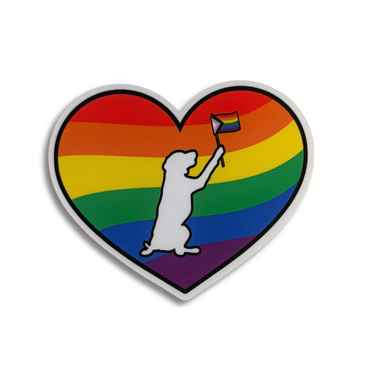 waterproof pride dog sticker with a rainbow heart and a dog waving a LGBTQ+ flag. Durable vinyl, perfect for water bottles, cars, and laptops.