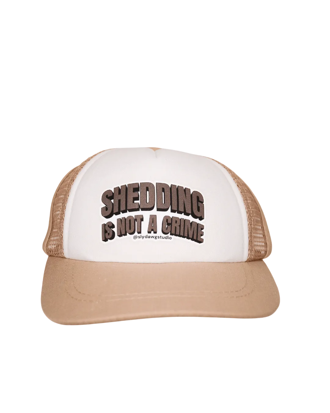 dog-trucker-hat-with-saying-shedding-is-not-a-crime-tan-sly-dawg-studio