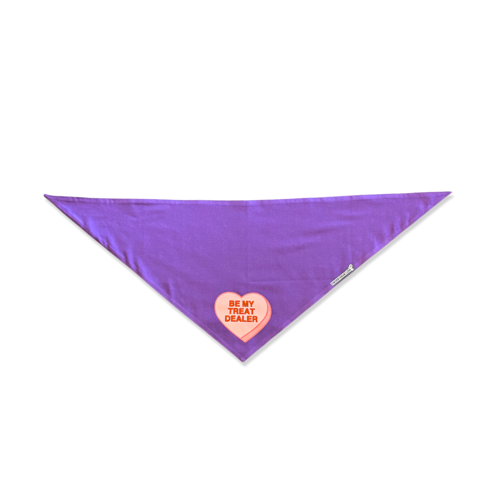 Purple dog valentine bandana with big pink heart that says "Be My treat dealer"