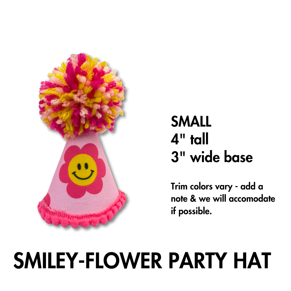 description of size small pink and yellow smiley face flower doggy birthday hat