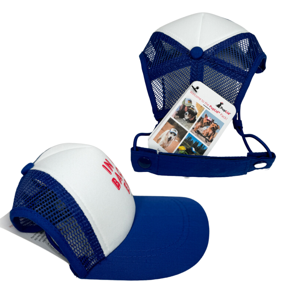 dogs hat - blue trucker hat. Side view and back view