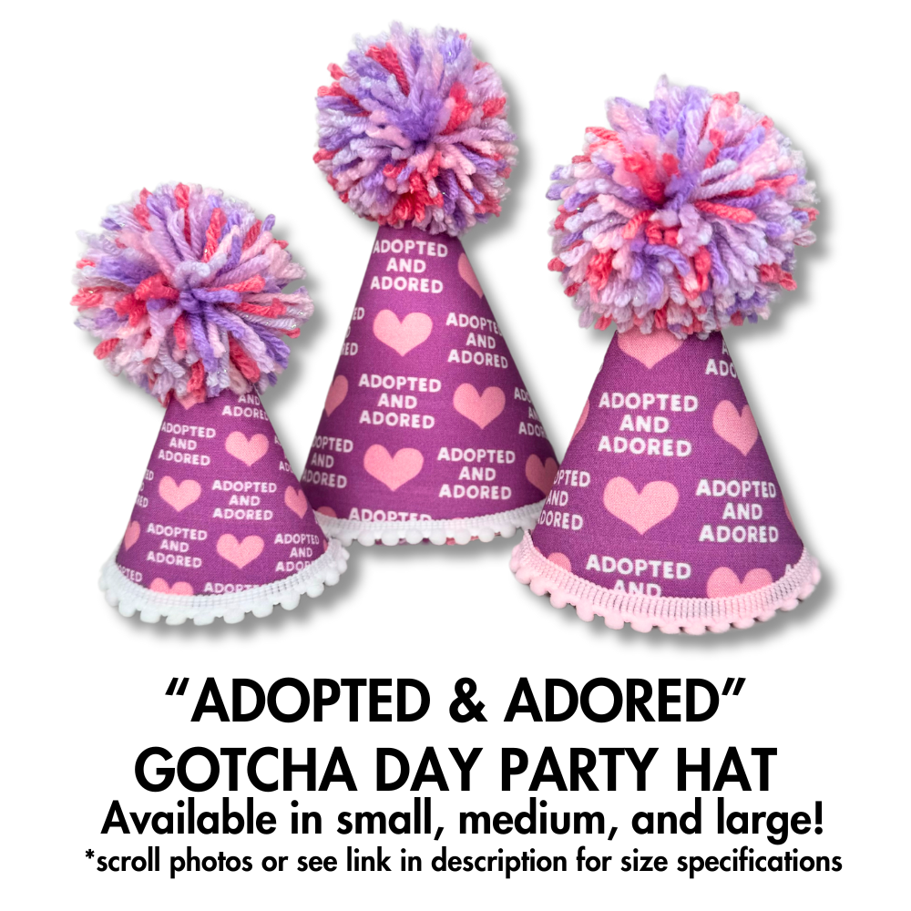 Dogs in party hats are so cute! Celebrate Gotcha day with these sweet lavender and pink pup hats