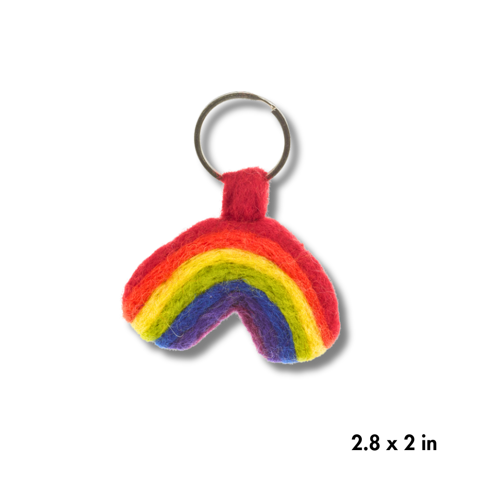 Small 2" felt Pride keychain shaped like a rainbow in rainbow colors. Silver keyring. Image has dimensions at the bottom.