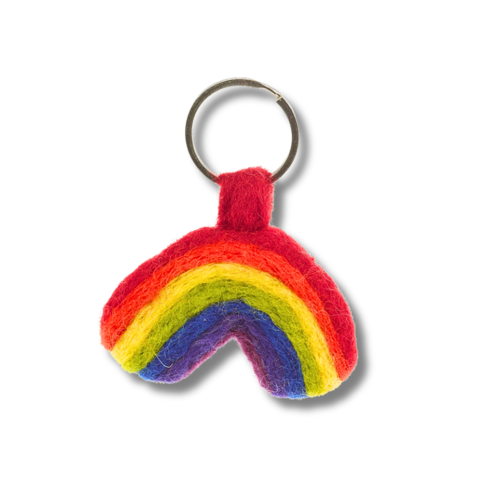 Small 2" felt Pride keychain shaped like a rainbow in rainbow colors. Silver keyring.