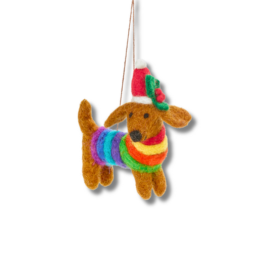 holiday pride ornament: dachshund dog wearing rainbow pride sweater and santa hat felt ornament