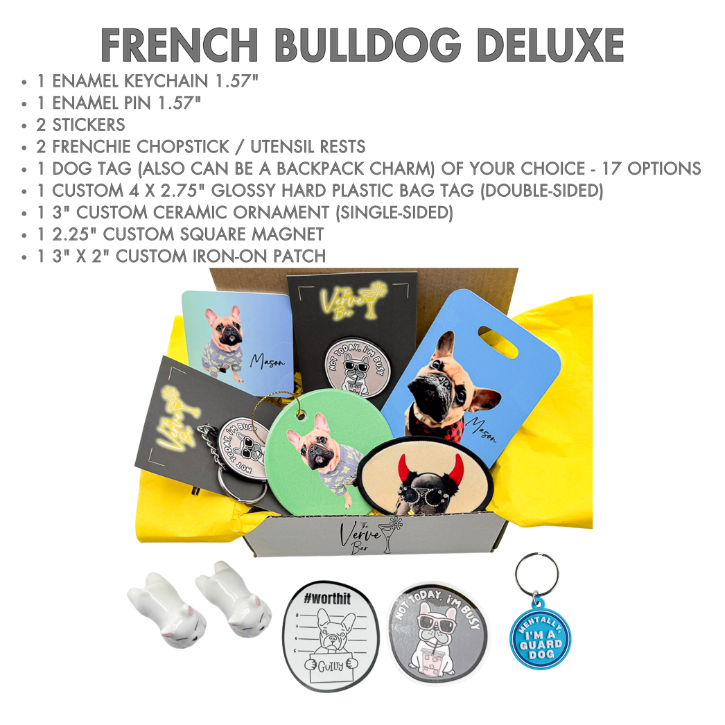 FRENCH BULL DOG GIFT BOX WITH CUSTOM PHOTO LUGGAGE TAG, ORNAMENT, PATCH, AND MAGNET. IT ALSO SHOWS STICKERS, DOG TAG, KEYCHAIN, AND PIN THAT ARE INCLUDED IN THE FRENCHIE GIFT BOX.