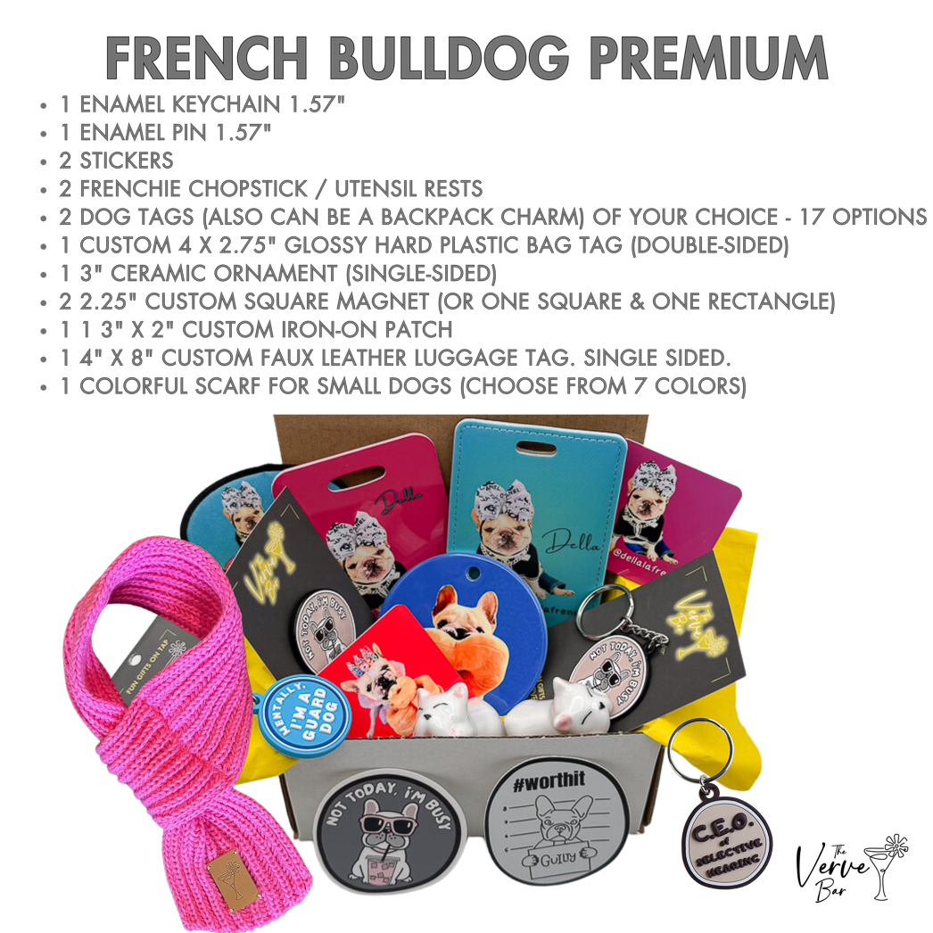 Frenchie gift box, the ultimate dog mom birthday gift stuffed full of custom photo gifts, scarf, dog tags, custom luggage tags, stickes, Frenchie keychain, Frenchie Pin, French Bulldog utensil rests and more!