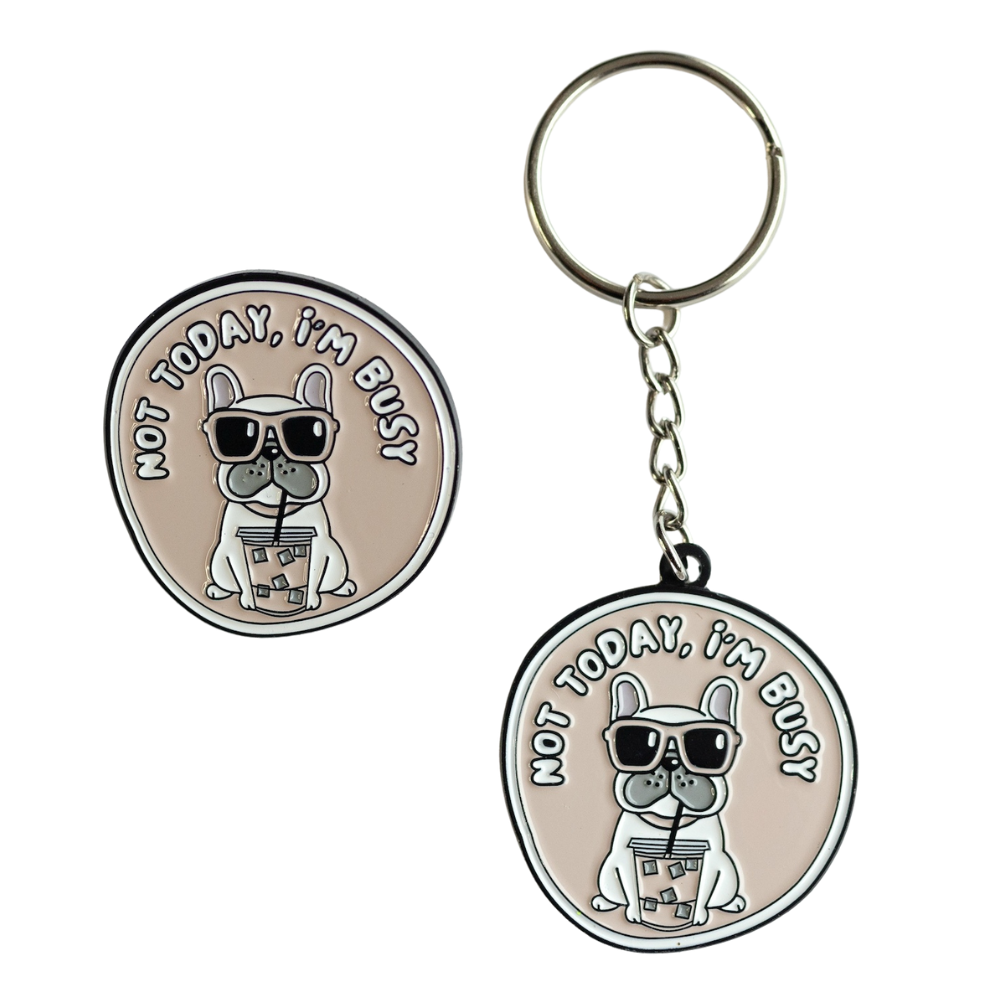 cute frenchie enamel keychain and pin - white frenchie dog drinking boba wearing sunglasses "not today, I'm busy"
