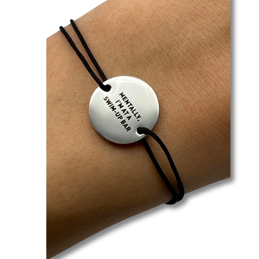 Black waxed cotton funny friendship bracelet with engraving: Mentally, I'm at a swim-up bar