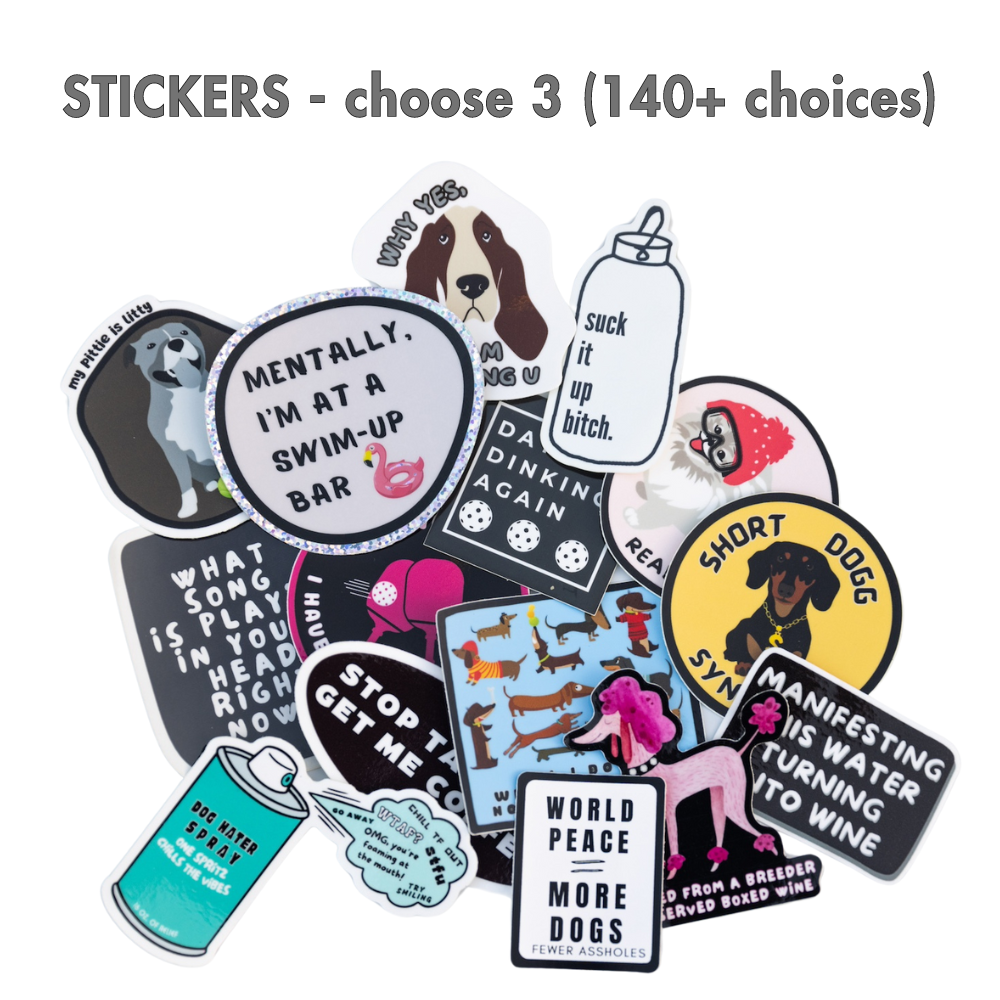 Example of fun vinyl stickers you can choose from to create custom gift basket - pile of stickers shown.