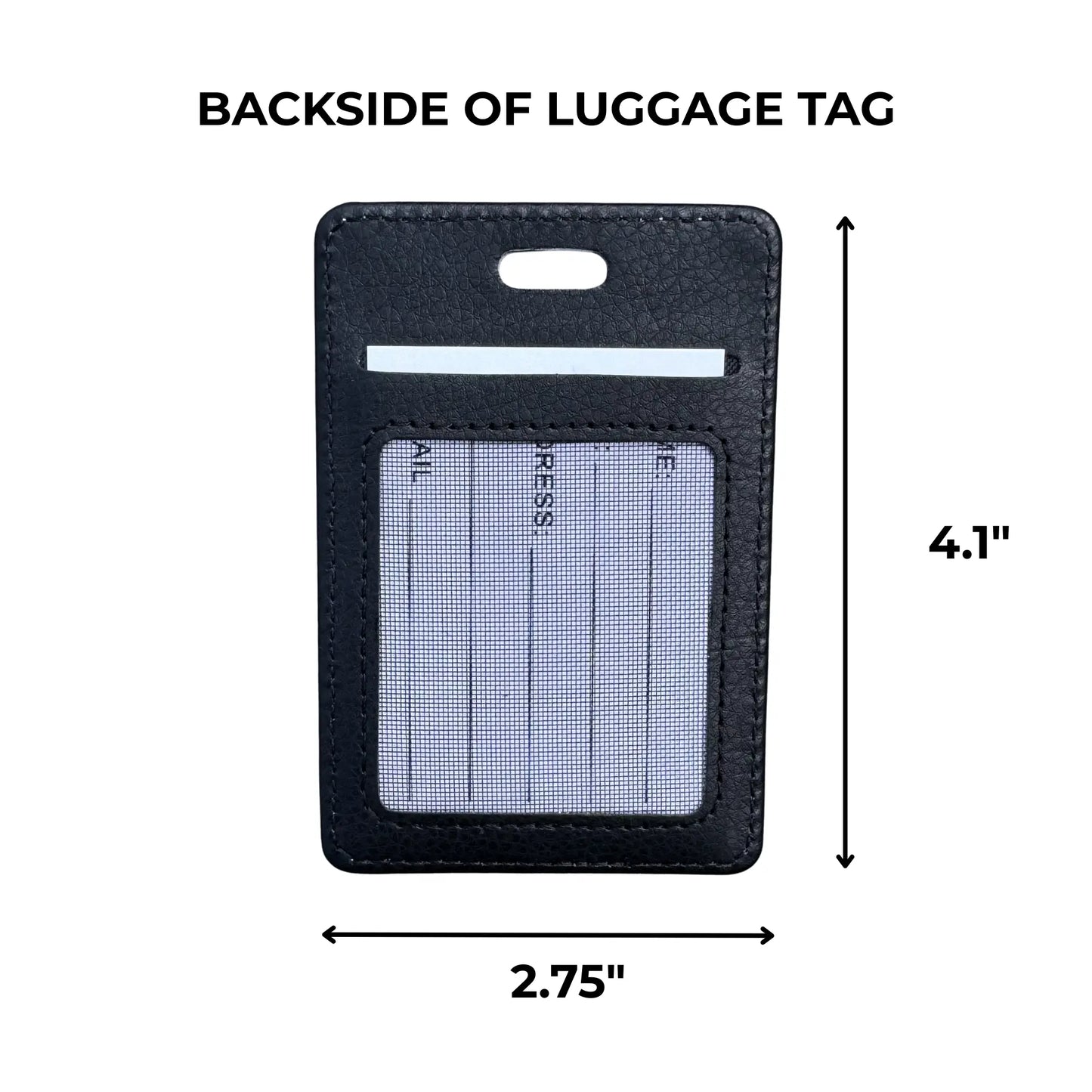 Black luggage tag with dimensions on a white background